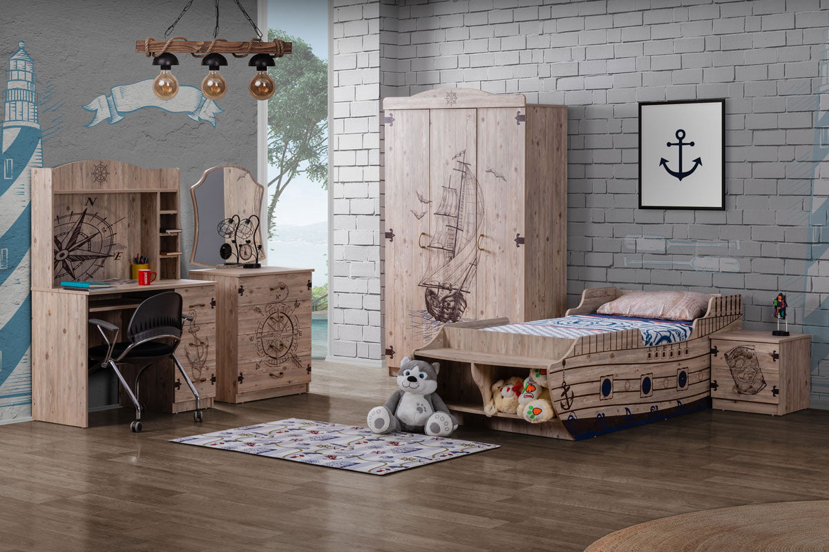 Nachttisch Matrosen mit 4 Schubladen und Spiegel für Kinder CAPTAIN Set