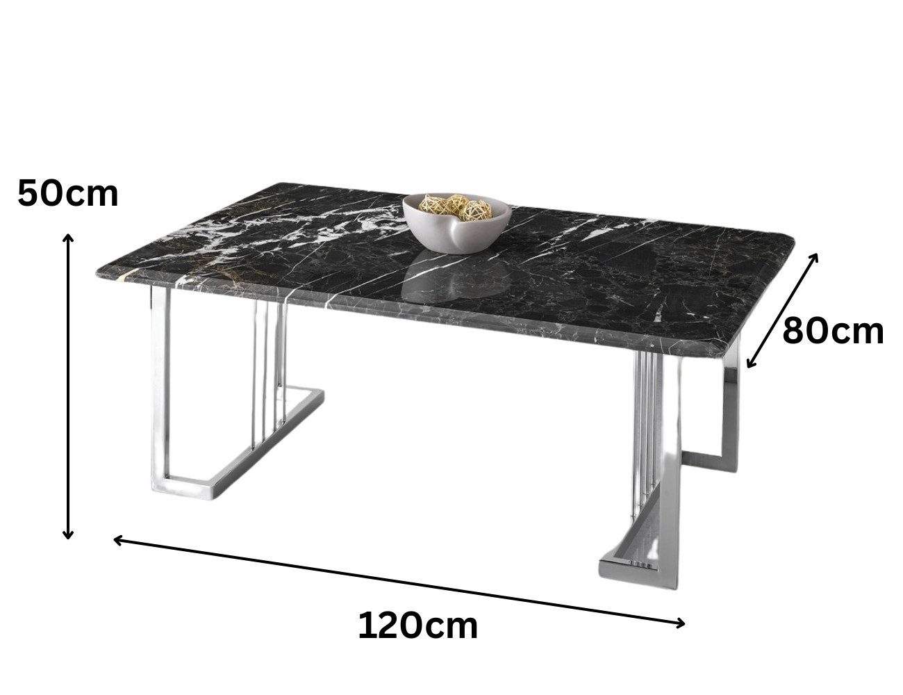 Wohnzimmertisch HOKKA echtes Marmor schwarz mit silbernen Beinen 170cm