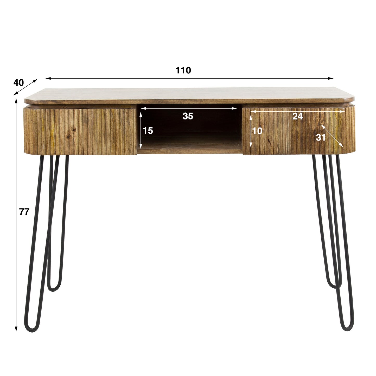 Konsolen- & Schminktisch WAVE HAIRPIN Massives Mangoholz mit Lamellen-Front 110 cm