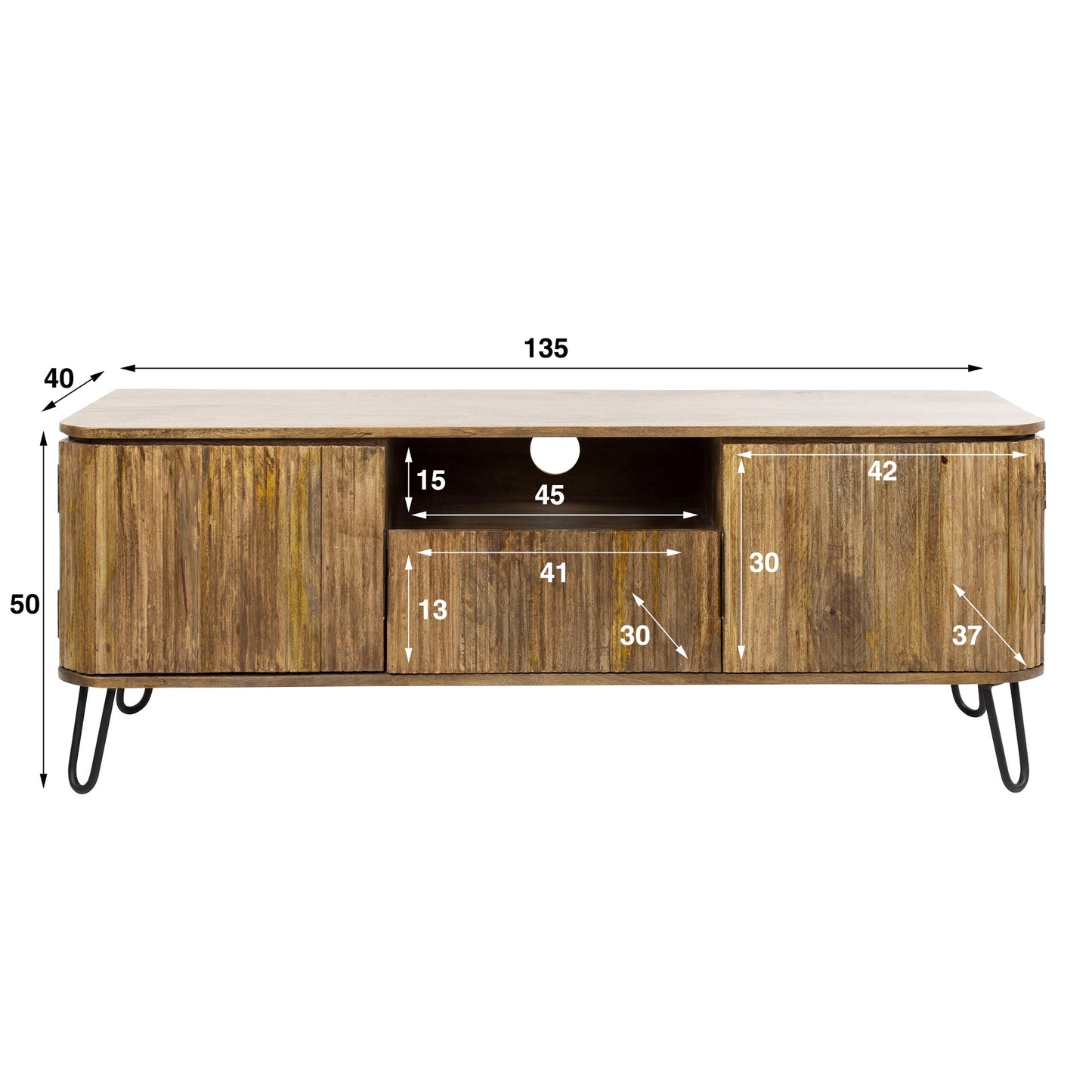 TV-Schrank RIVA Elegantes Massivholz-Lowboard mit Rillenfräsung & Hairpin-Legs