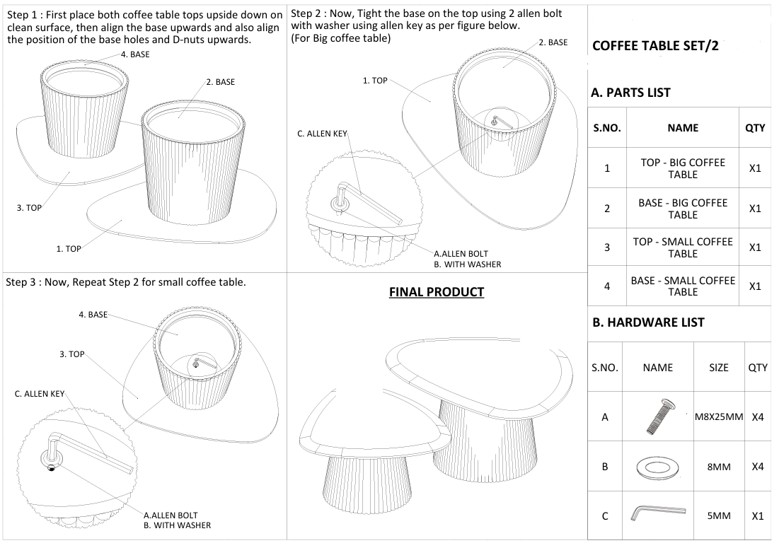 Couchtisch-Set TOVA SAND Organische Dreiecks-Tische mit Säulenfuß