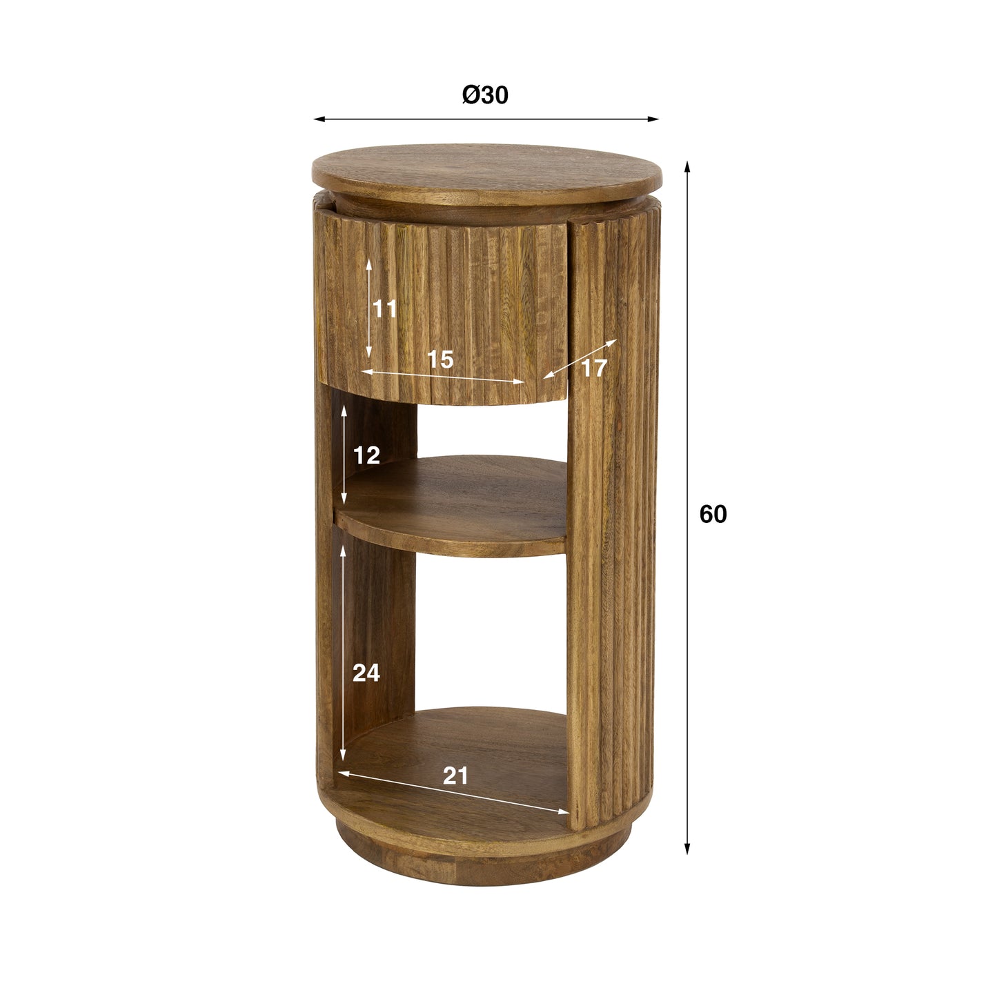 Nachttisch WAVE CYLINDER Runde Standkonsole aus Mangoholz mit Rillen-Design Ø 30 cm
