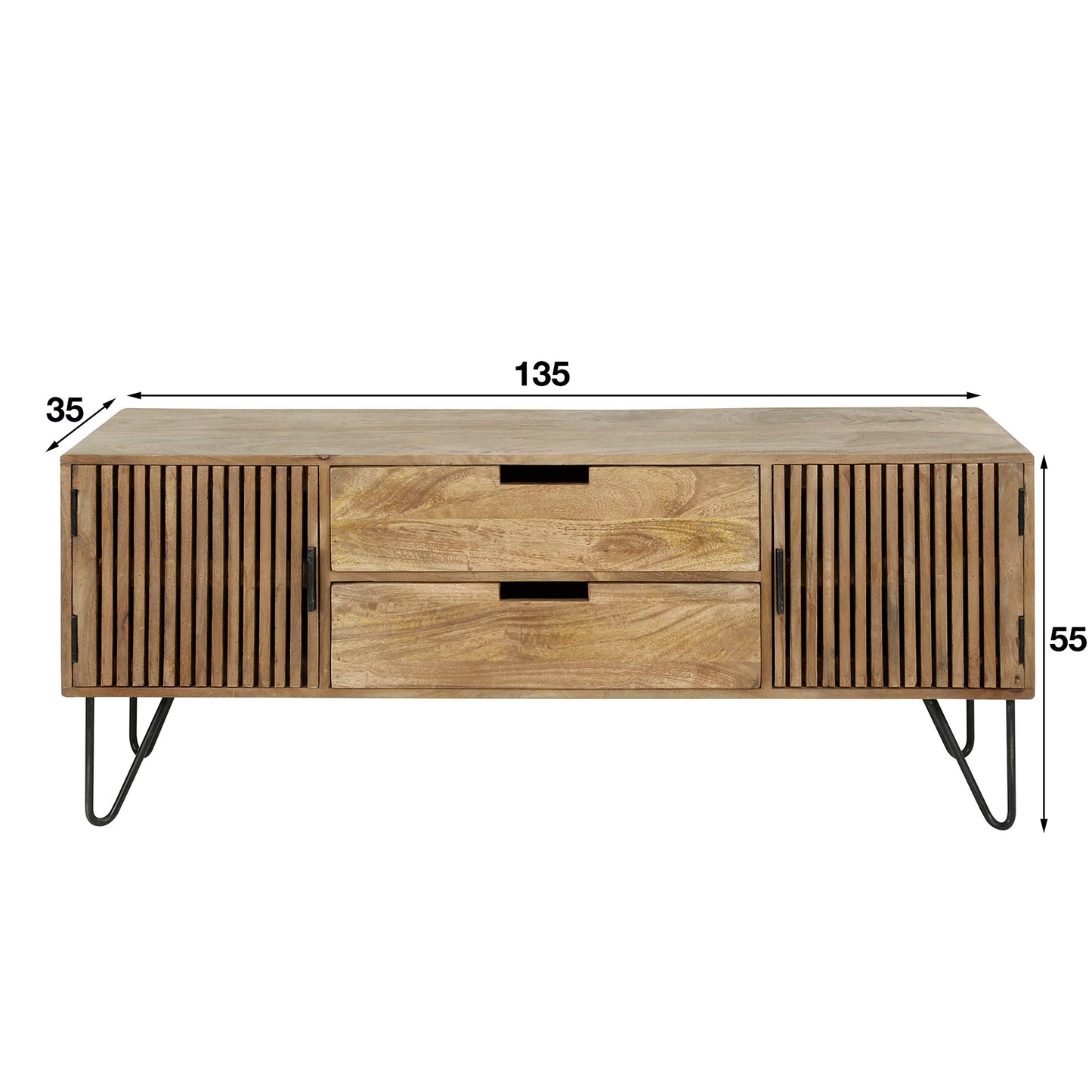 TV-Schrank LINEA Massivholz-Lowboard mit Lamellentüren & Hairpin-Legs 135cm