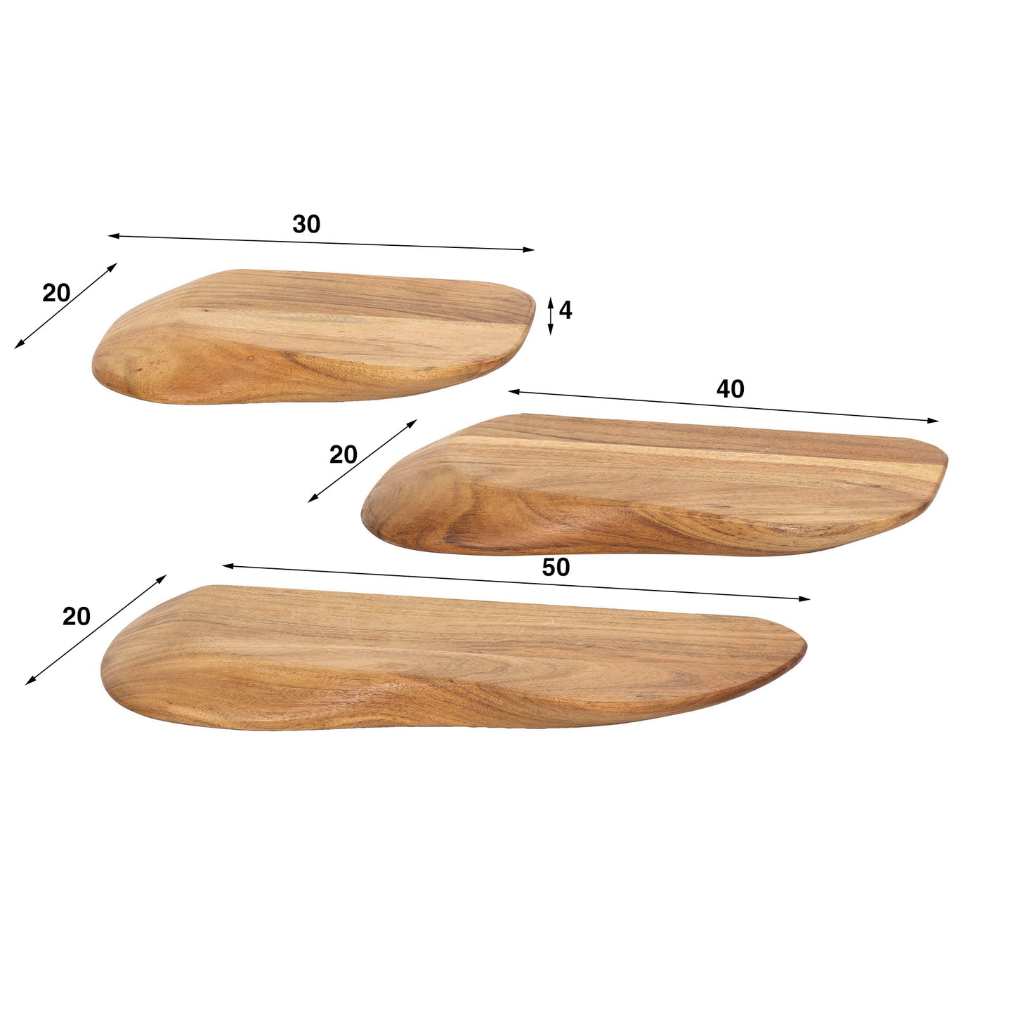 Wandregal-Set ORGANIC FLOW 3 schwebende Massivholz-Regale aus Akazie in Naturform