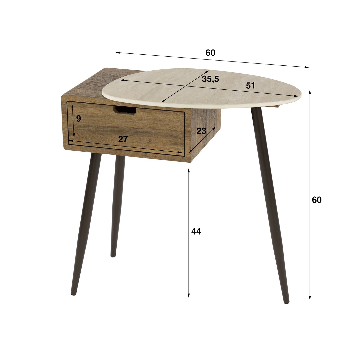 Nachttisch TRAVINO TRAVERTIN Asymmetrische Konsole mit Keramikplatte & Eichenoptik 60 cm