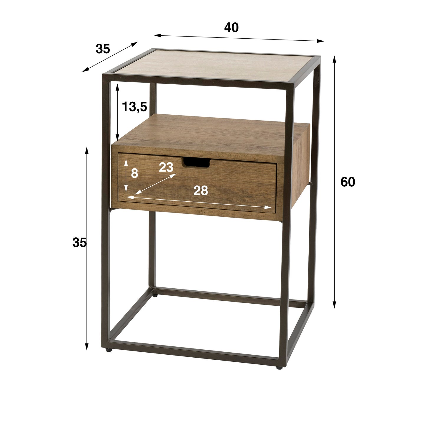 Nachttisch CASSETTO TRAVERTIN Kubische Konsole mit Keramikplatte, offenem Fach & Eichenoptik 40 cm