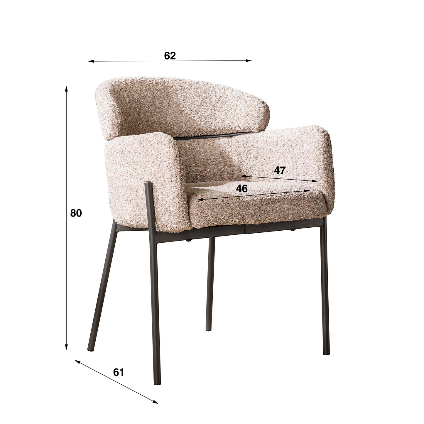 Armlehnstuhl CURVA Eleganter Bouclé- Polsterstuhl mit geschwungener Rückenlehne & Stahlgestell Beige