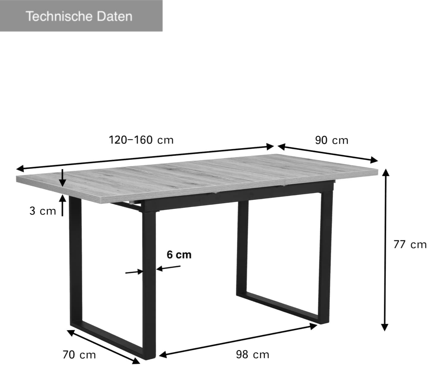 Esstisch Silas | ausziehbar 120-160 x80 cm 4-6 Personen Küchentisch Holztisch mit Kufen Gestell schwarz Esszimmer skandinavisch Industrial Design