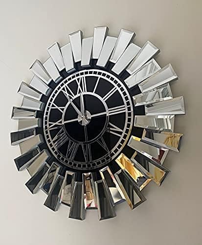 Diamond Spiegeluhr silber gold auf schwarzem Spiegel 75cm