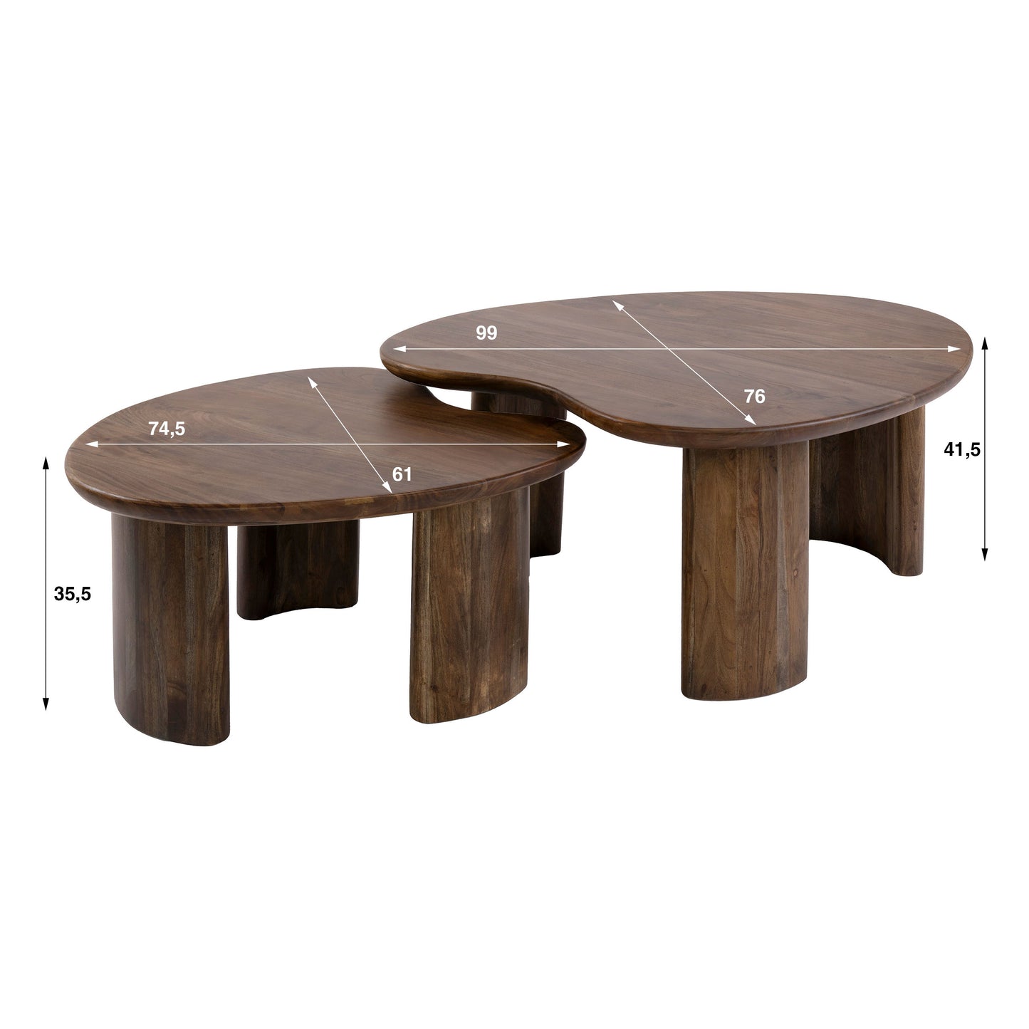 Couchtisch Set ONDA 2tlg. Massivholz Duo in organischer Form Akazie 76x99x41,5cm 74,5x61x35,5cm