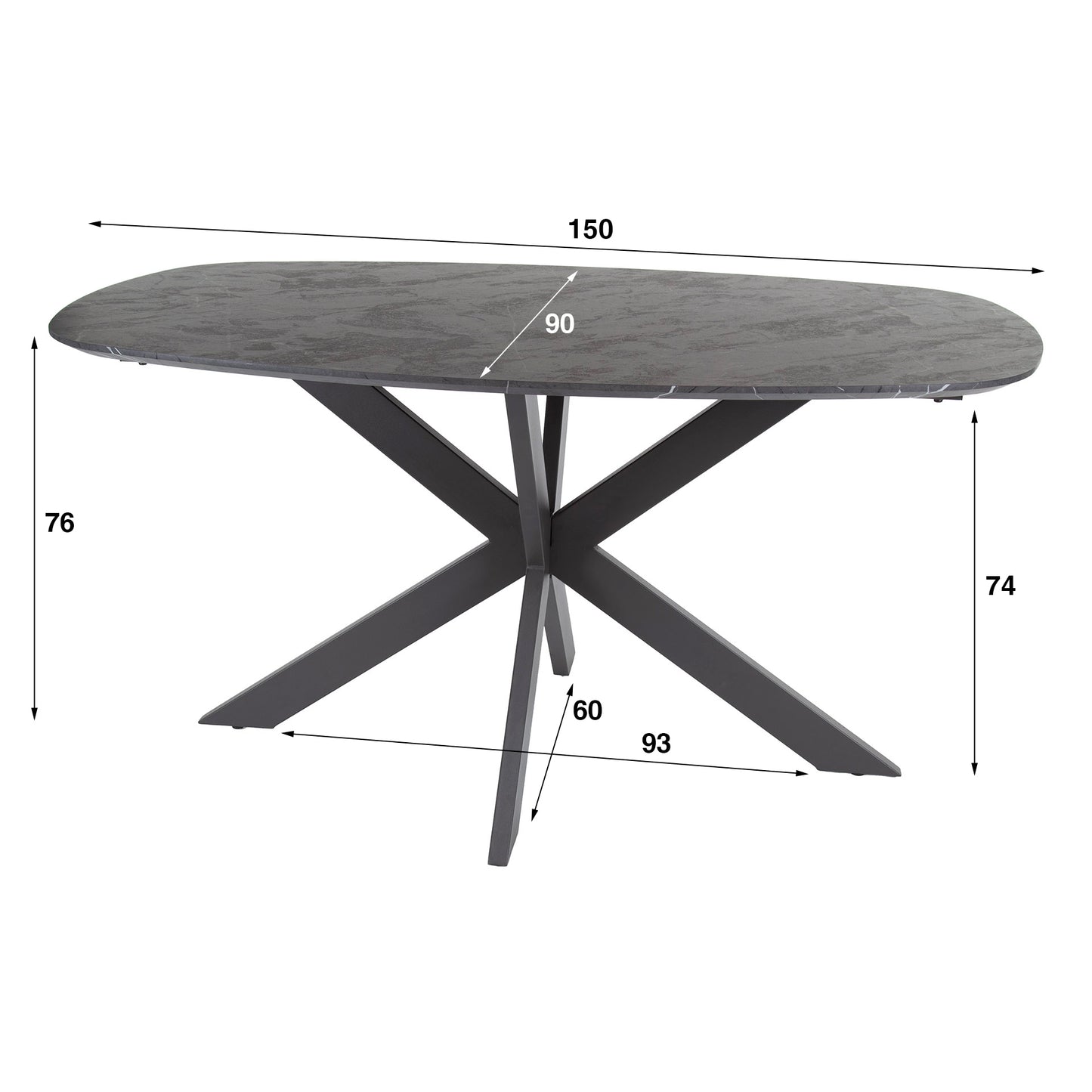 Esstisch ONYX CROCE PICCOLO Kompakter Dänisch-Ovaler Tisch in Graphit-Steinoptik 150 cm