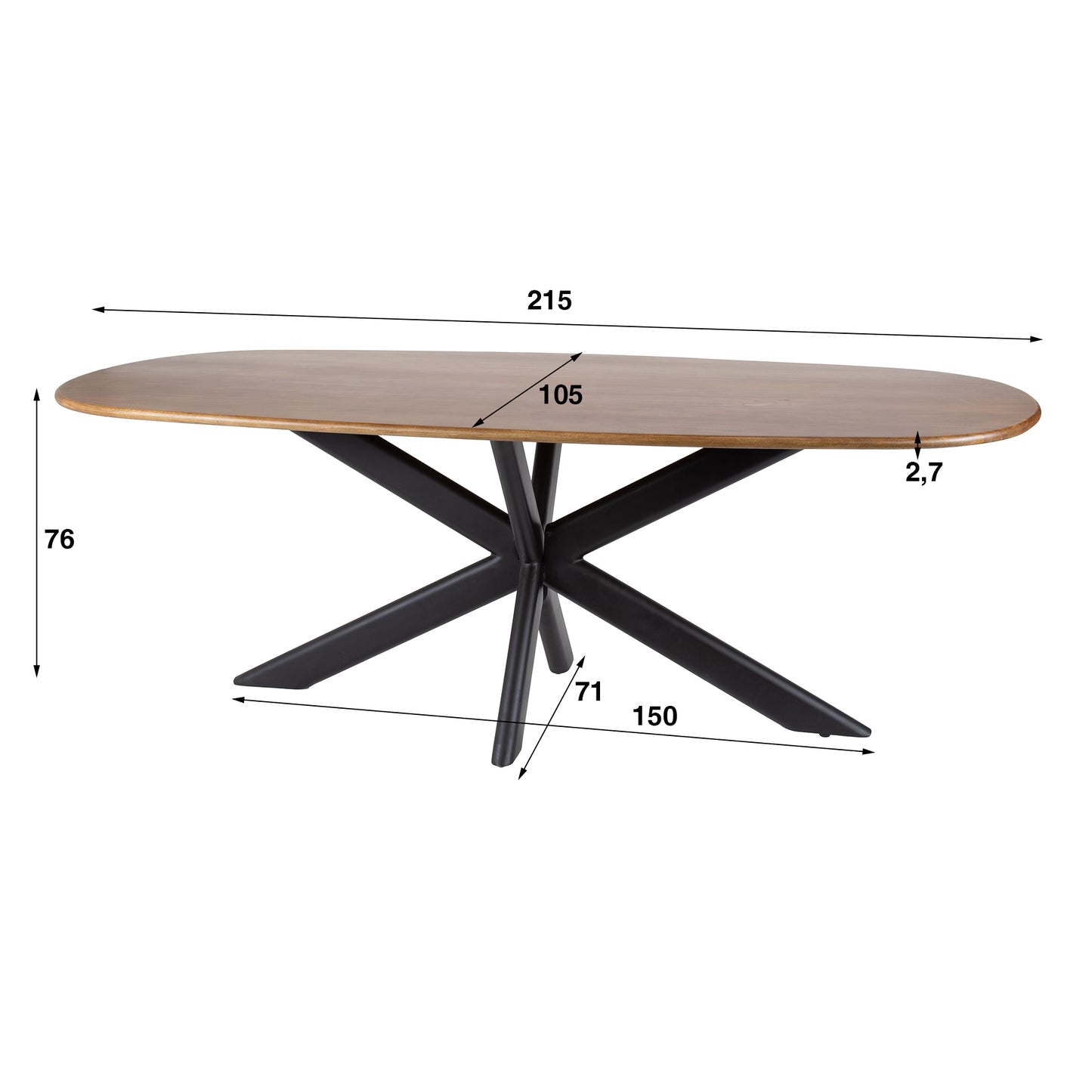 Esstisch CLIFF SABBIA GRANDE Dänisch-Ovaler Massivholztisch Mango mit Ovalrohr-Gestell 215 cm