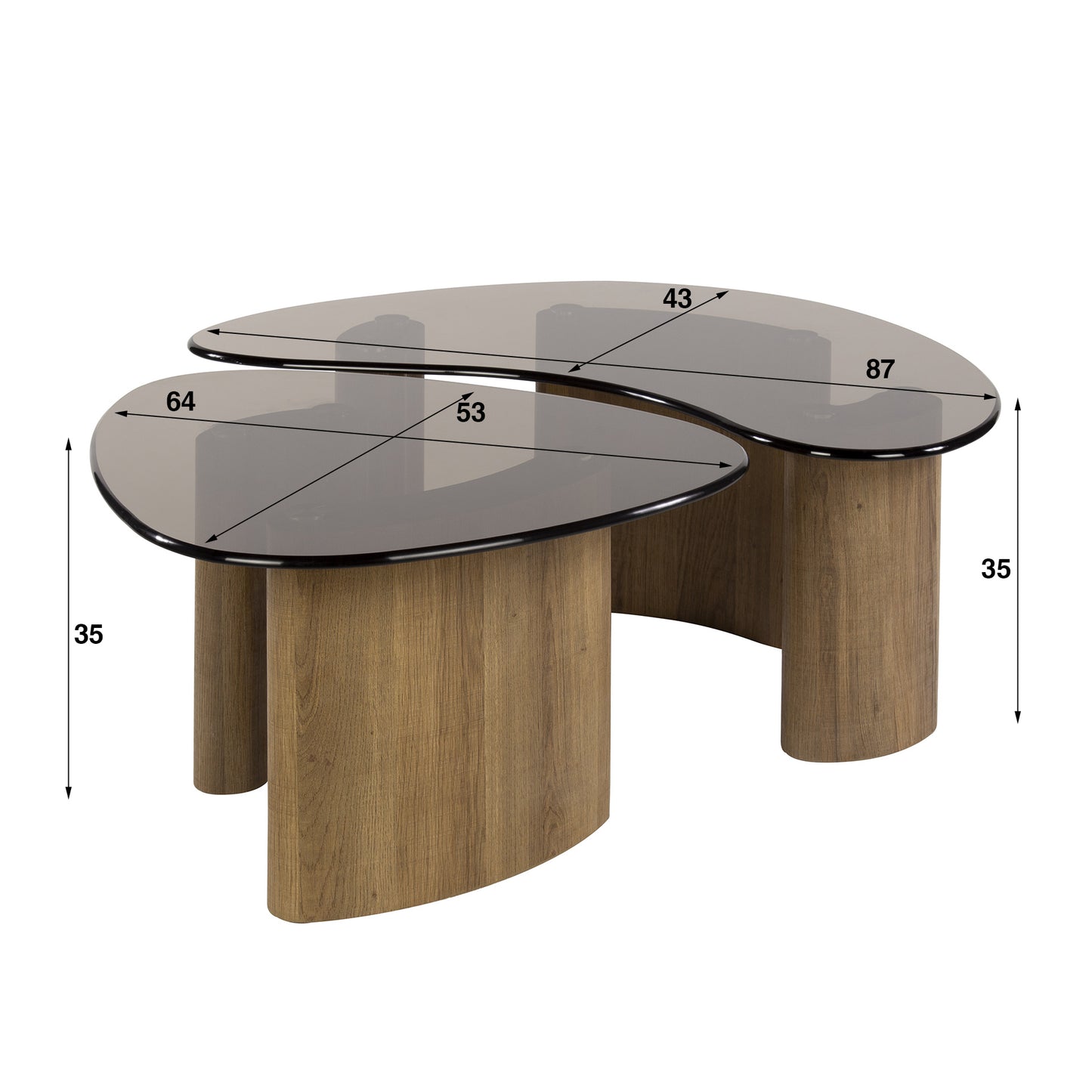 Couchtisch-Set TINTO BRONZO Organische Satztische mit Rauchglas und Holzsockel