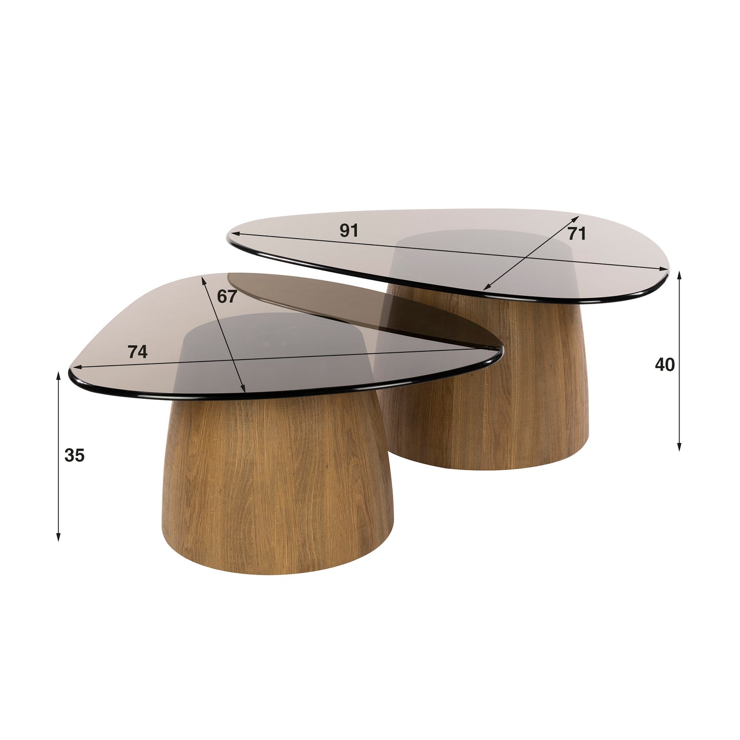 Couchtisch-Set TINTO TRIANGOLO Dreieckige Satztische mit Rauchglas und Holzsockel