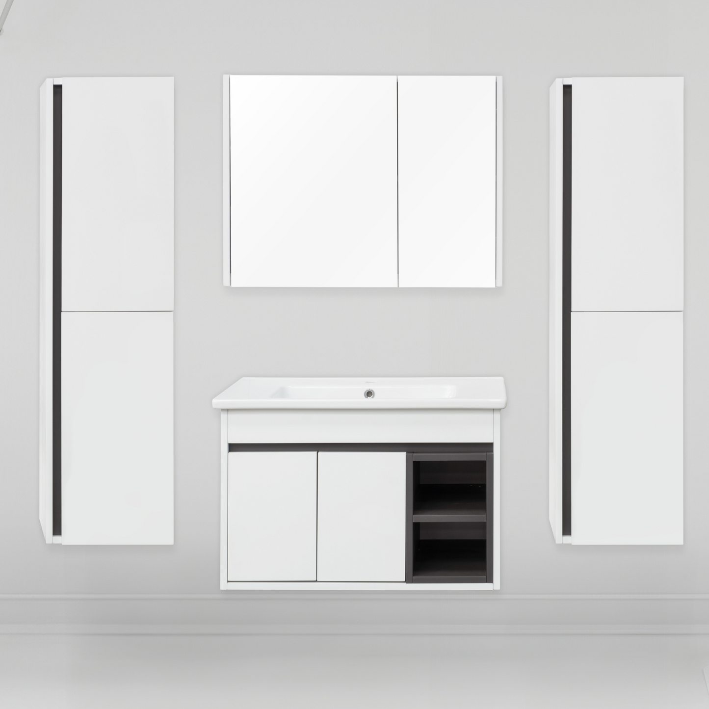 BURMAS Badmöbel Set 5tlg - 65 cm MDF Melamin Weiss Holzoptik Keramik vormontiert