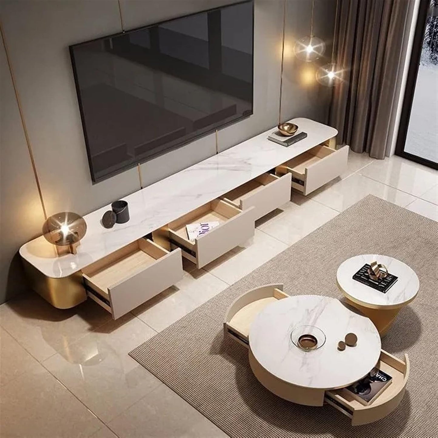 Edles Couchtisch 2er Set mit weißem Marmor Design 90x35cm