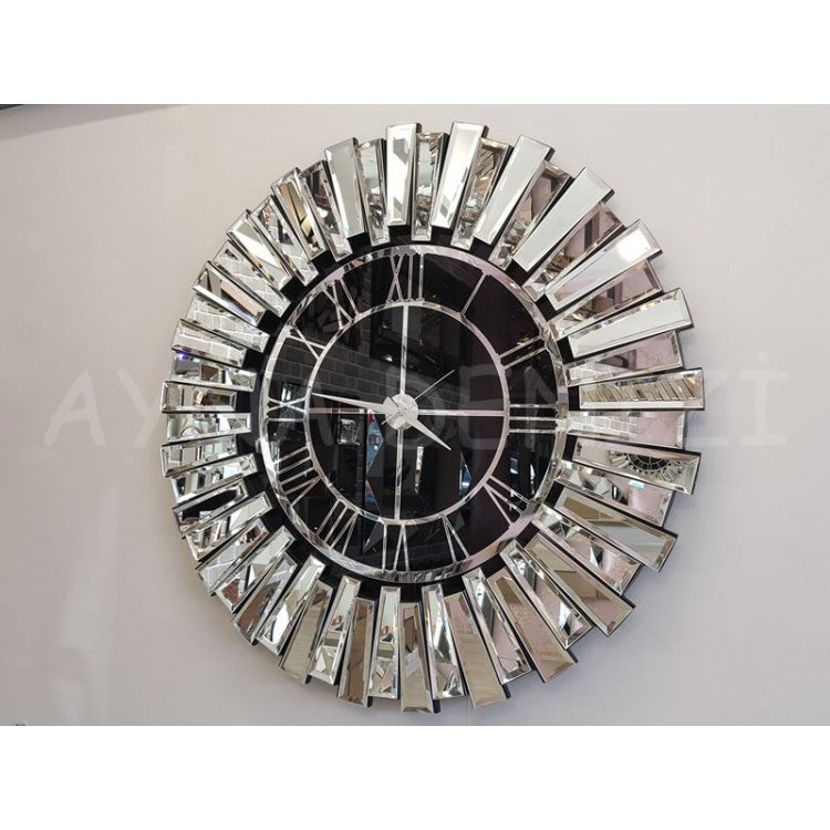 Diamond Spiegeluhr silber gold auf schwarzem Spiegel 75cm