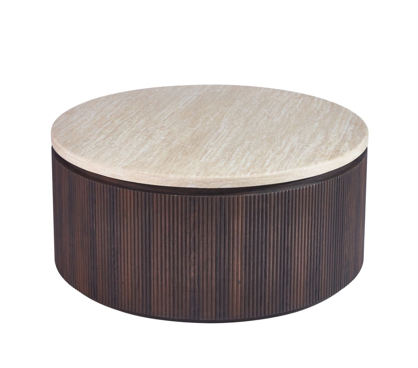 Couchtisch Bondo mit Travertin Tischplatte in edlem Säulenstil Ø100X45 CM braun