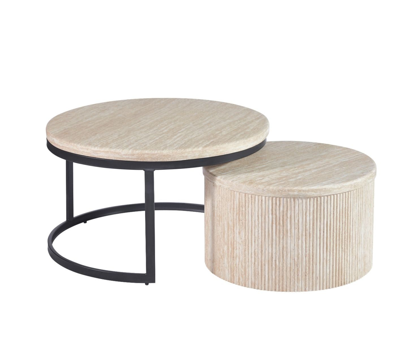 Couchtisch 2er Set Manzano Travertin Platte MDF Säulenstil Ø80X45 + Ø60X35 CM beige