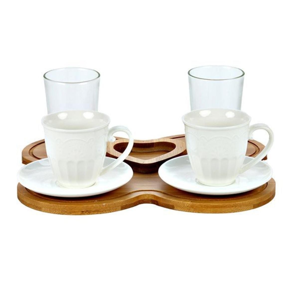 Bricard Espresso Set für 2 Person inkl. Untertasse und Holz-Tablett Weiß