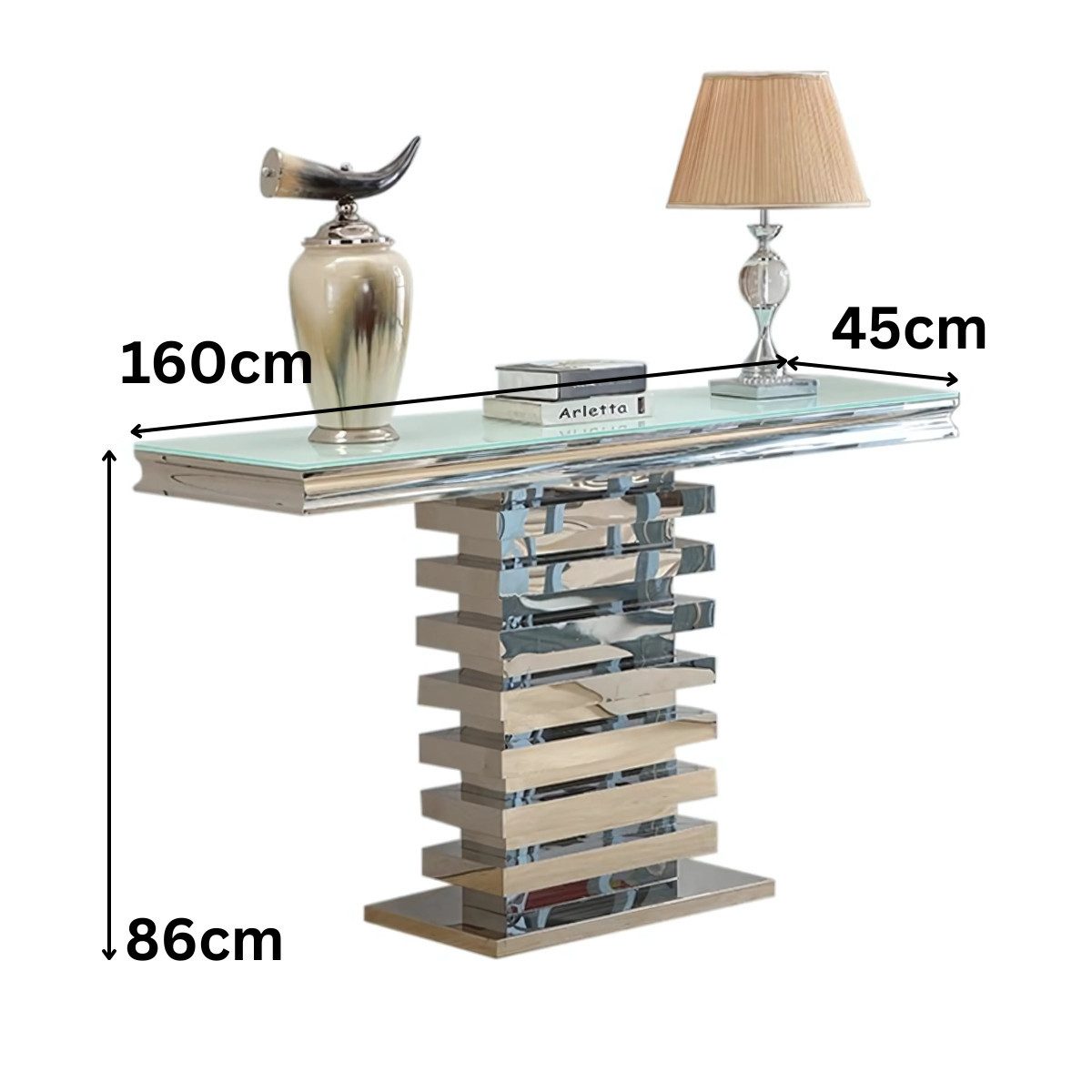Ablagetisch Monza mit einzigartigem Tischbein 160cm silber