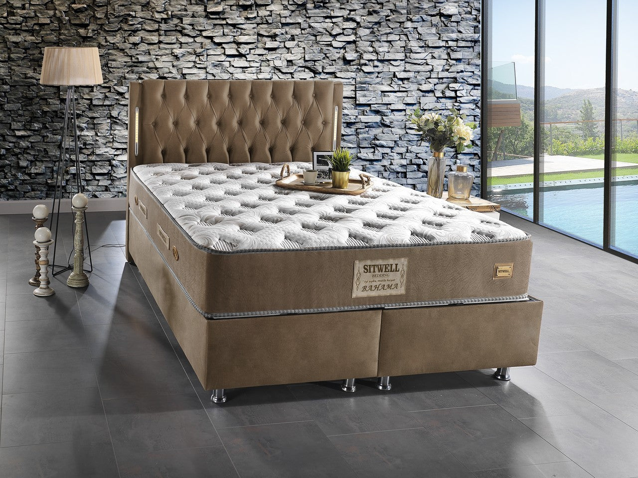 BAHAMA Taupe Velvet Set beige Samt Boxspringbett Set LED-Beleuchtung 90x200 - 180x200
