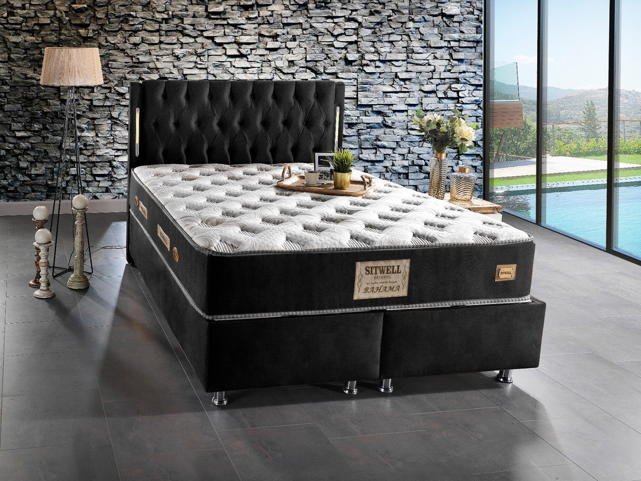 BAHAMA Black Velvet Set schwarz Samt Boxspringbett Set LED-Beleuchtung 90x200 - 180x200