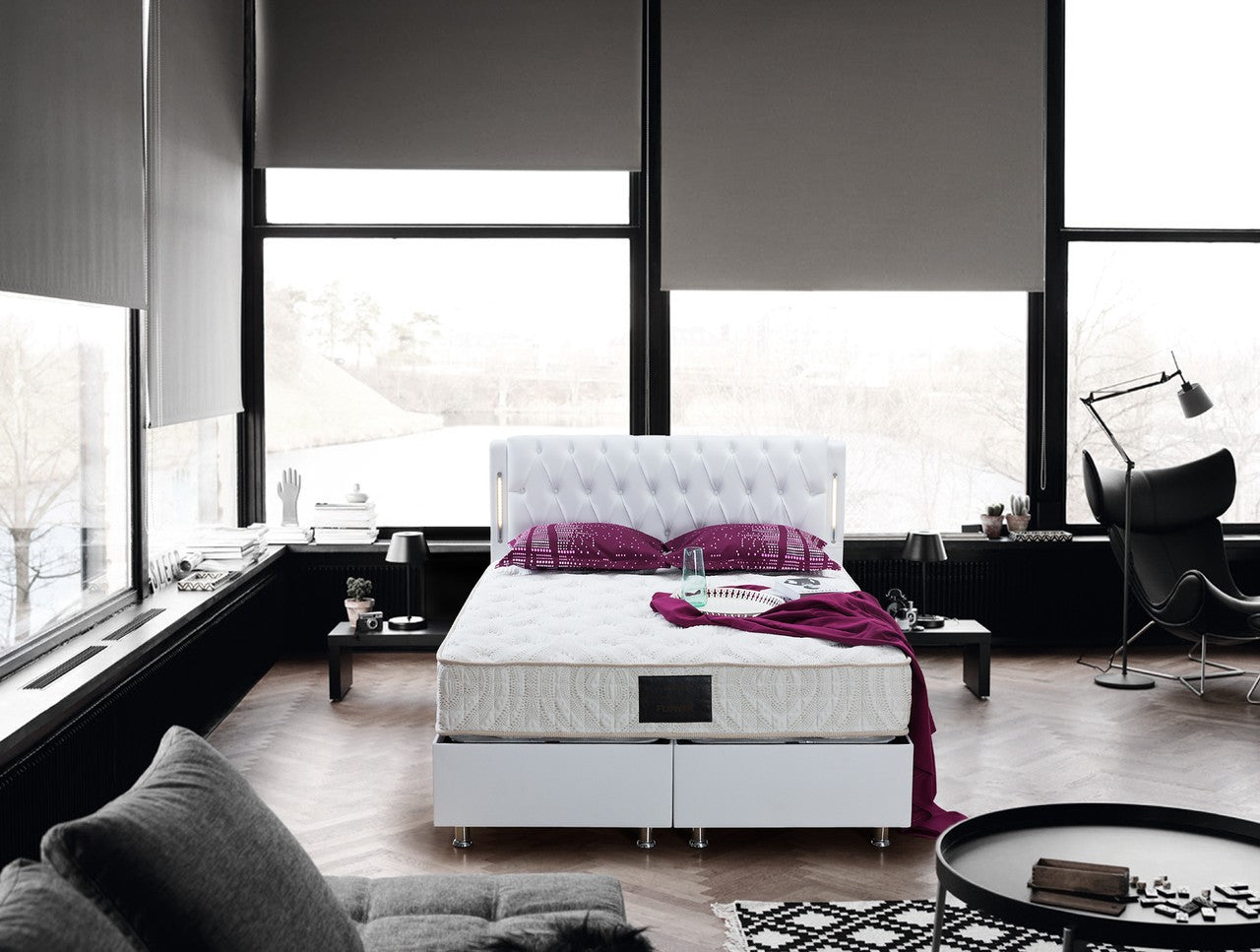 BAHAMA White PU Set weiß Samt Boxspringbett Set LED-Beleuchtung 160x200 180x200