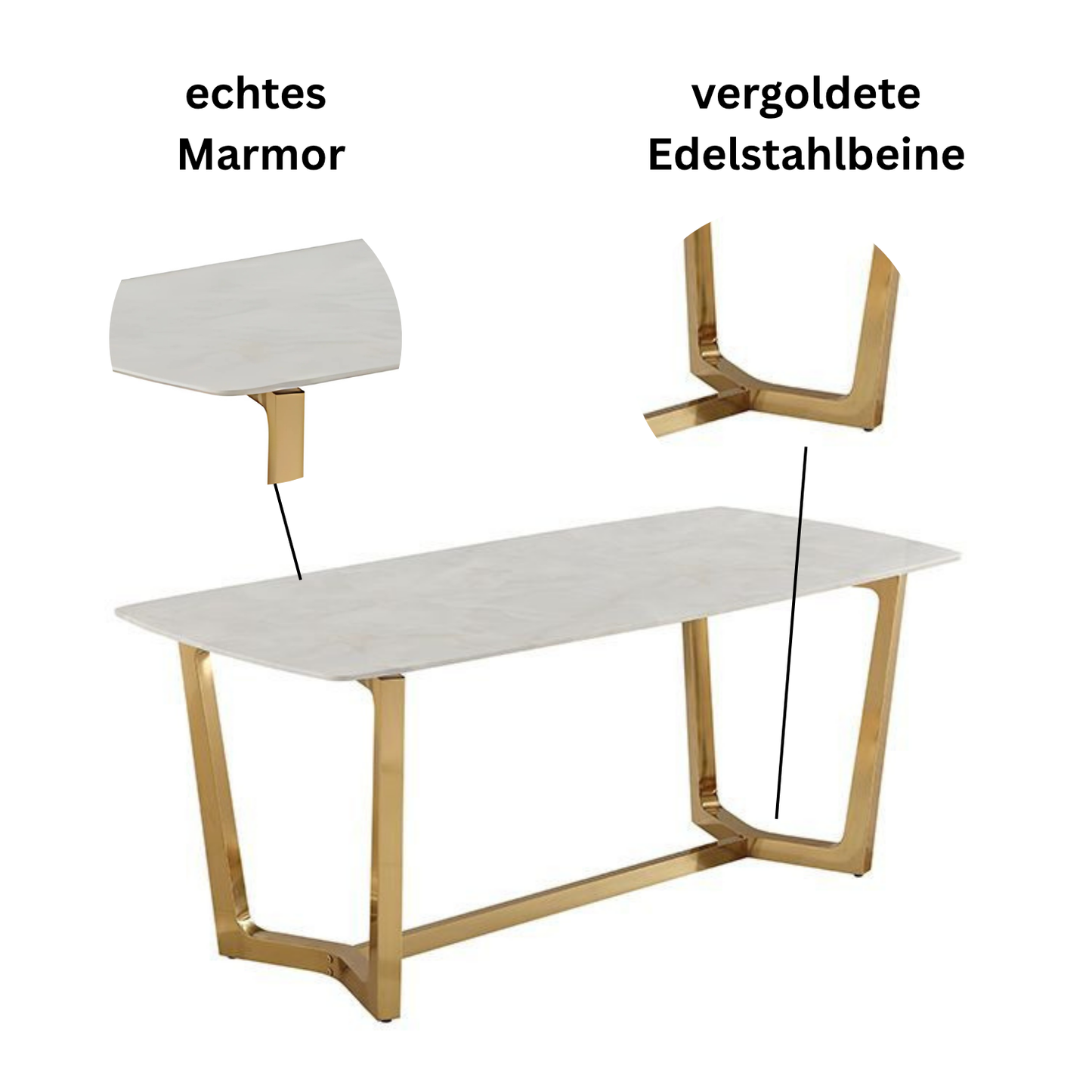 Moderner Esstisch in weißer Marmor-Optik mit Edelstahlbeinen – 180 x 90 x 76 cm