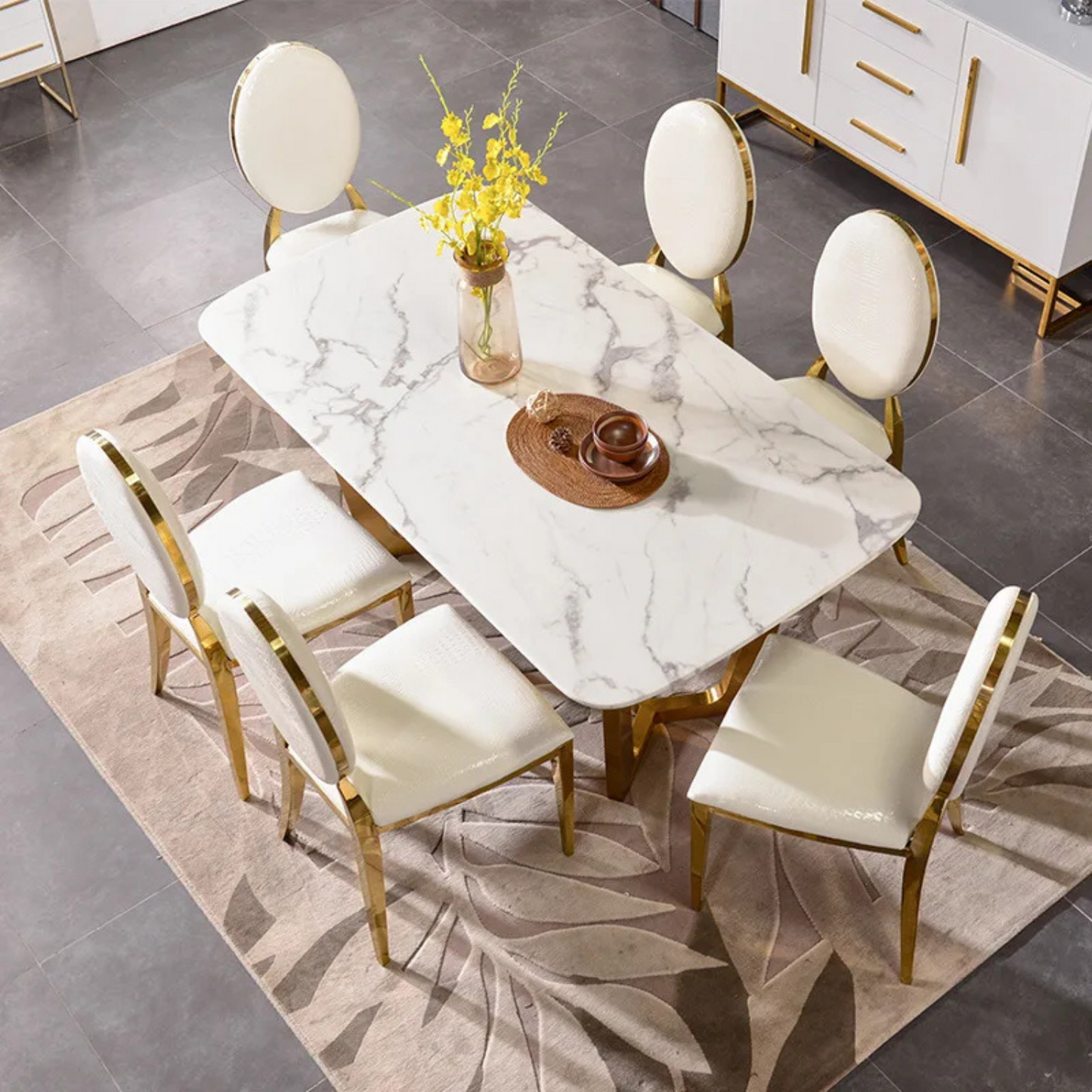 Moderner Esstisch in weißer Marmor-Optik mit Edelstahlbeinen – 180 x 90 x 76 cm