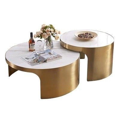 Edles Couchtisch 2er Set mit weißem Marmor goldener Rahmen 80cm Kaffeetisch Couchtisch Wohnzimmertisch