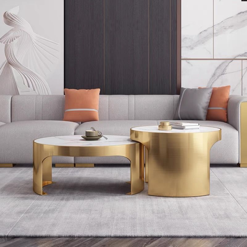 Edles Couchtisch 2er Set mit weißem Marmor goldener Rahmen 80cm Kaffeetisch Couchtisch Wohnzimmertisch