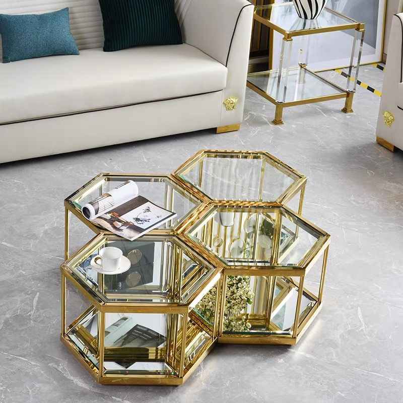 Couchtisch 4er Set hexagon Form mit Spiegelboden vergoldetem Rahmen