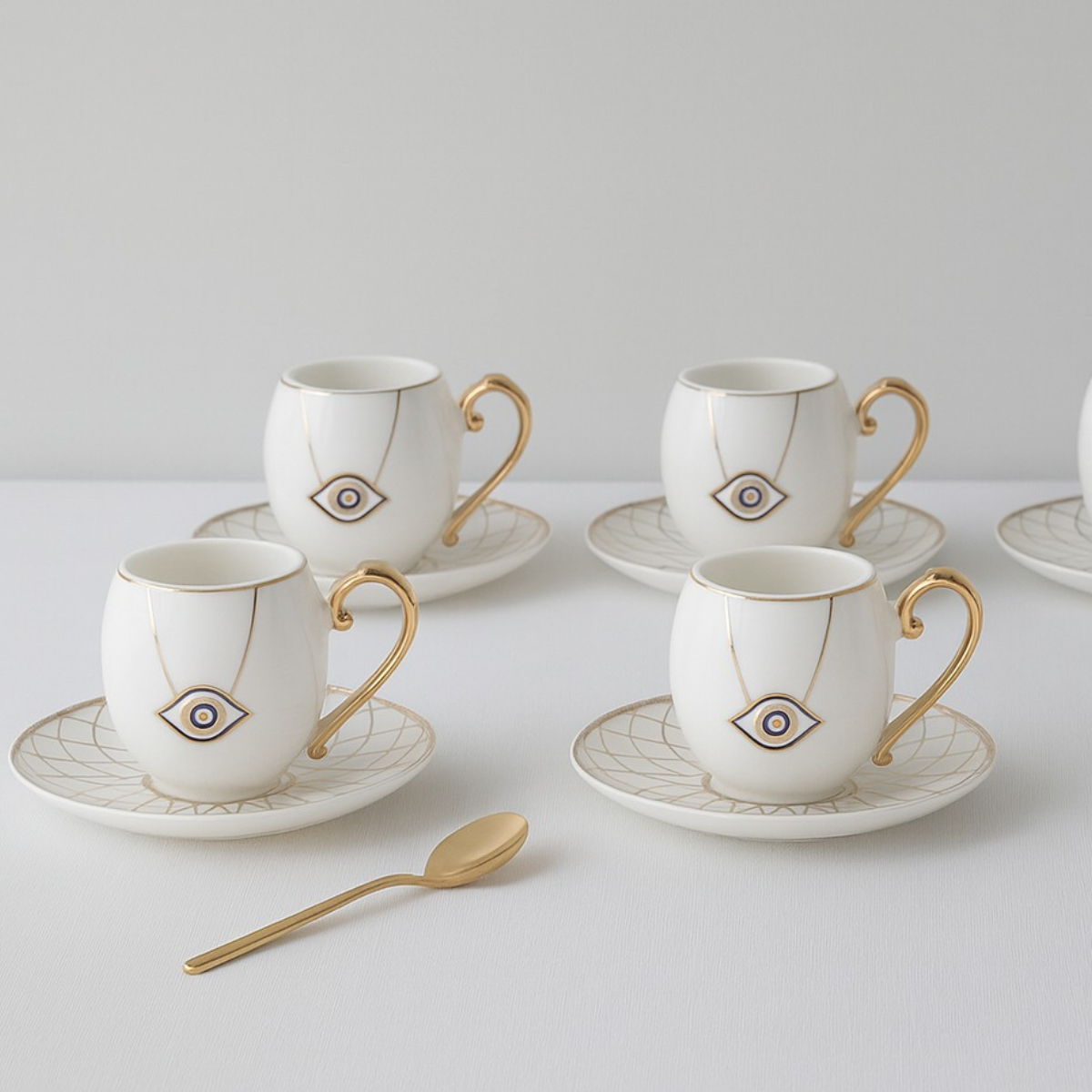 Espresso Set mit Unterteller Nazar Boncuk 12 teilig Weiß Keramik