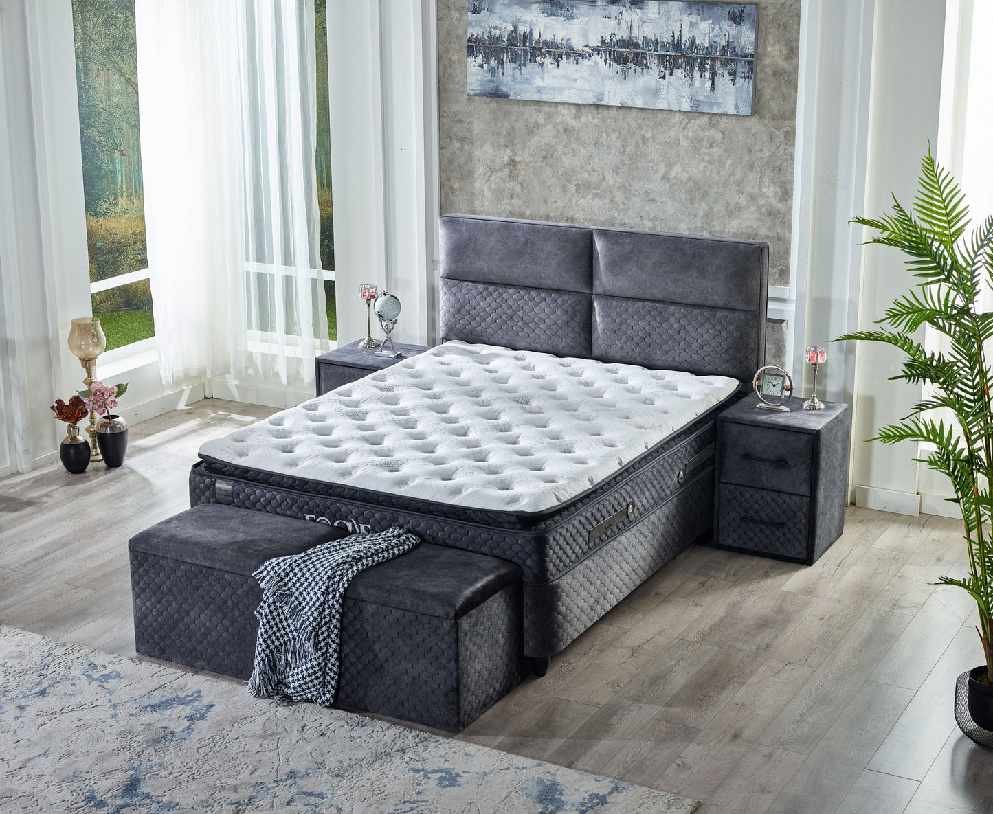 Boxspringbett FOCUS Night Blue Velvet Set Samt Matratze Topper inklusive 160x200 - 180x200