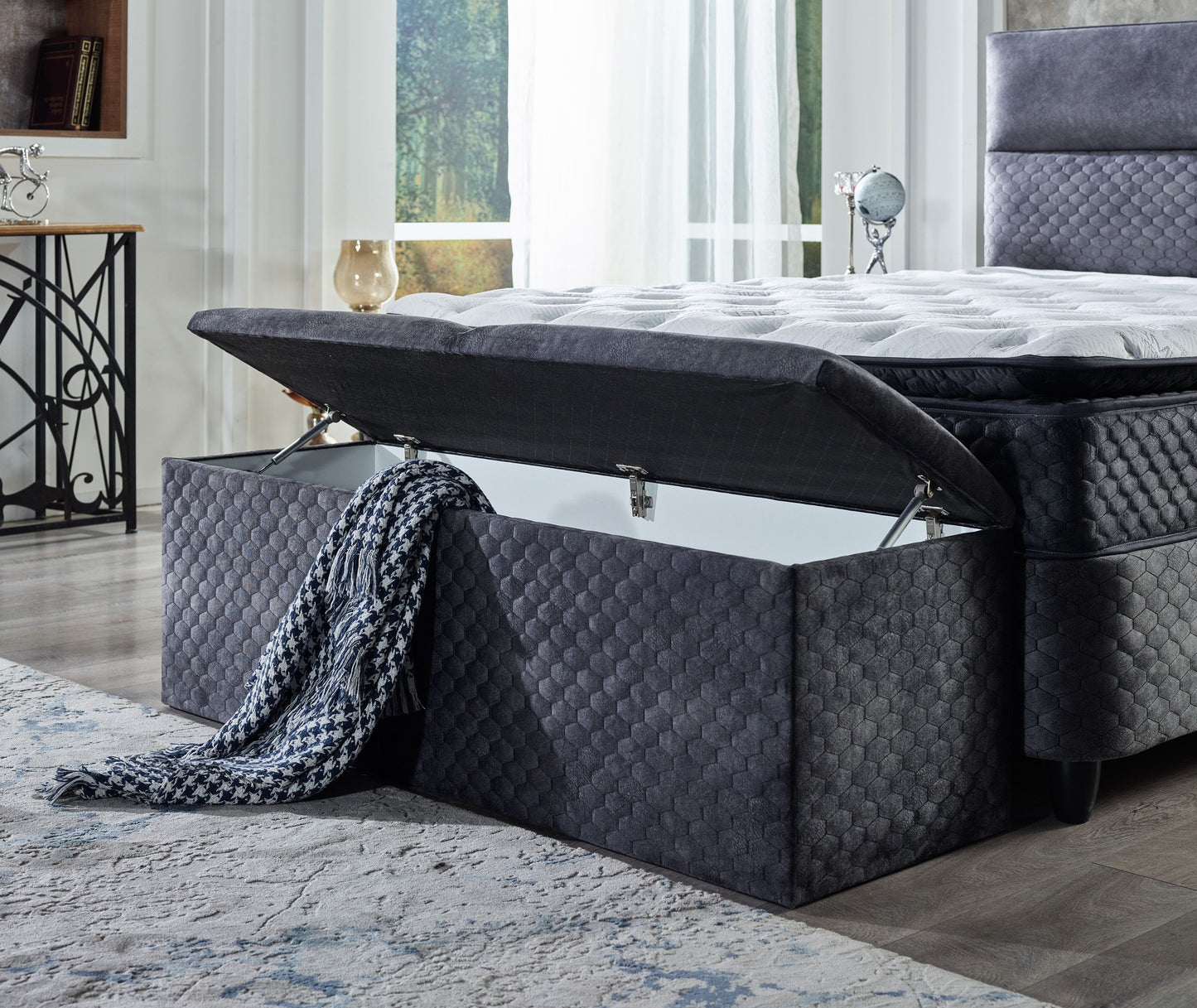 Boxspringbett FOCUS Night Blue Velvet Set Samt Matratze Topper inklusive 160x200 - 180x200