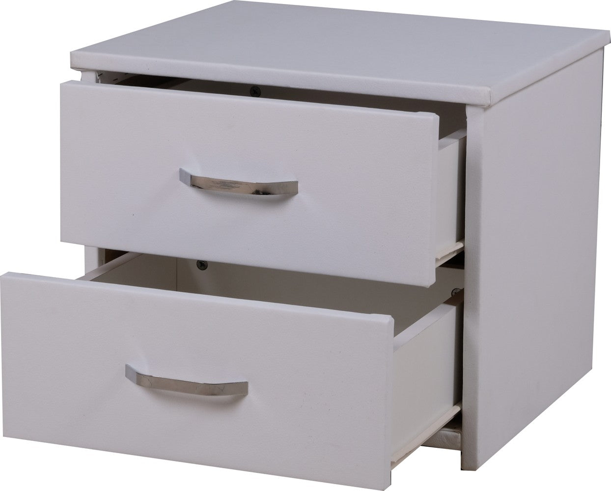 Nachttisch mit 2 Schubladen in weiß mit metallischen Griffen