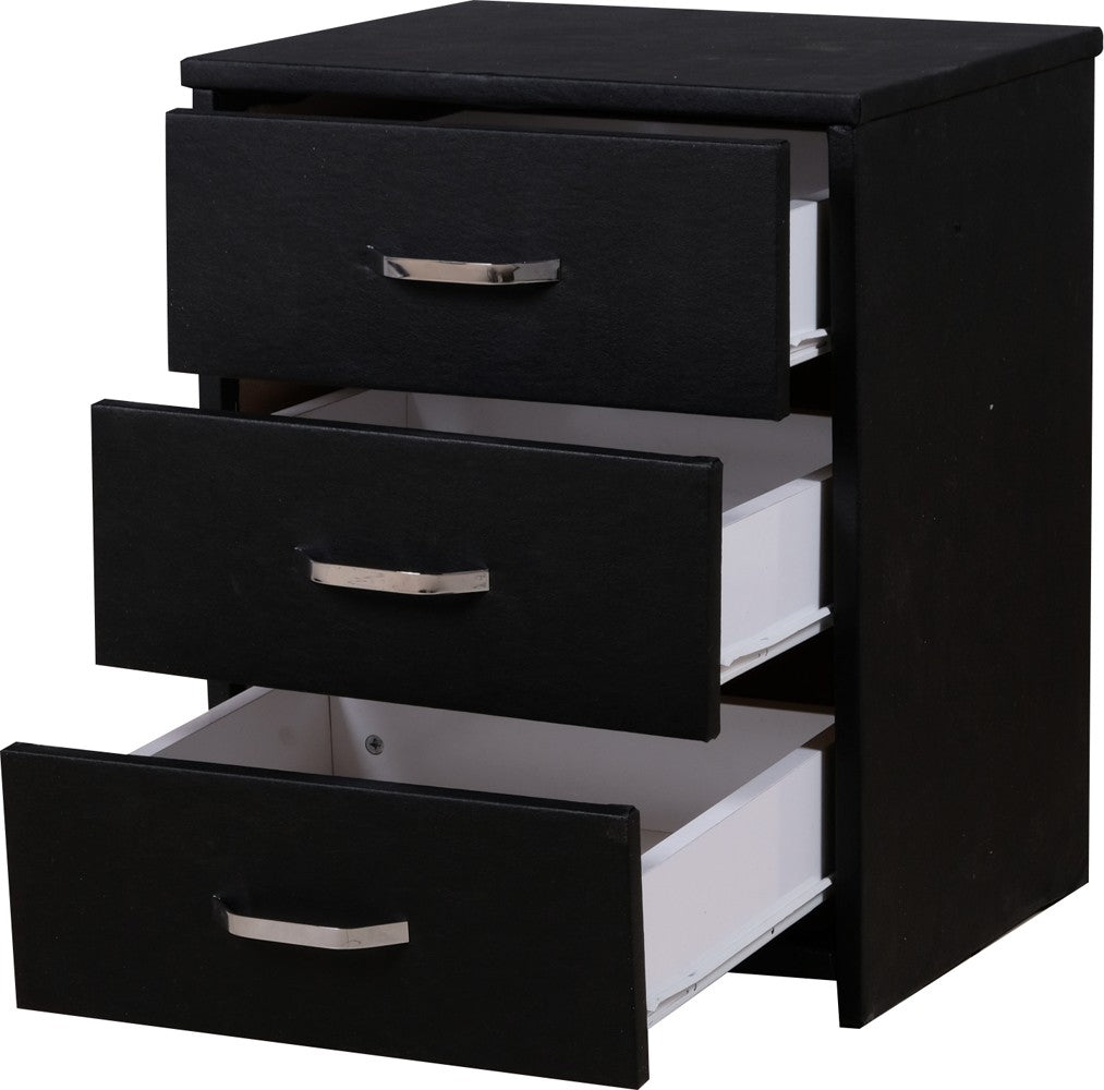 Nachttisch mit 3 Schubladen in schwarz mit metallischen Griffen