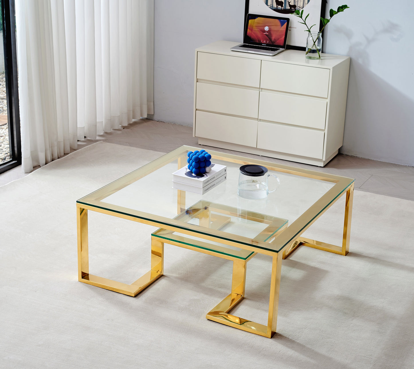 Couchtisch Beistelltisch aus gehärtetem Glas goldenen Beinen 100x100x40cm