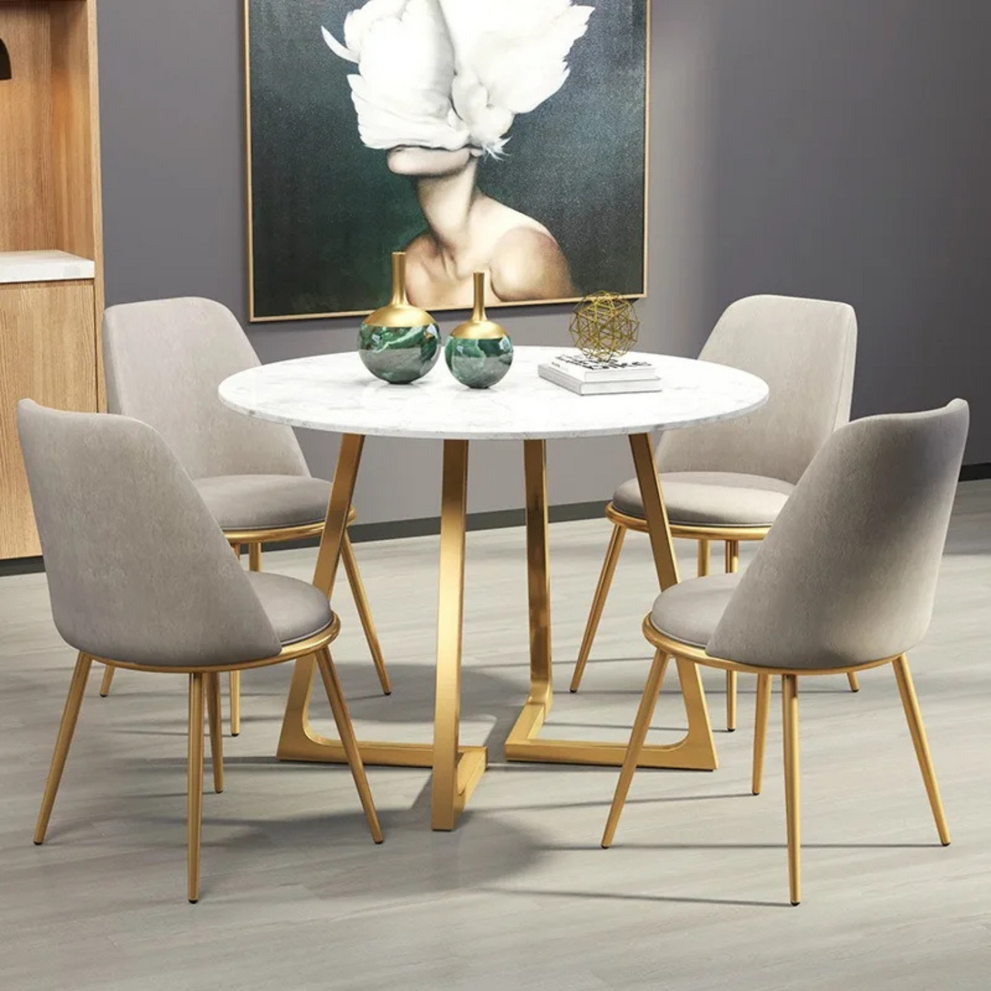 Moderner runder Esstisch in weißer Marmor-Optik mit Edelstahlbeinen 130 cm, Höhe 76 cm