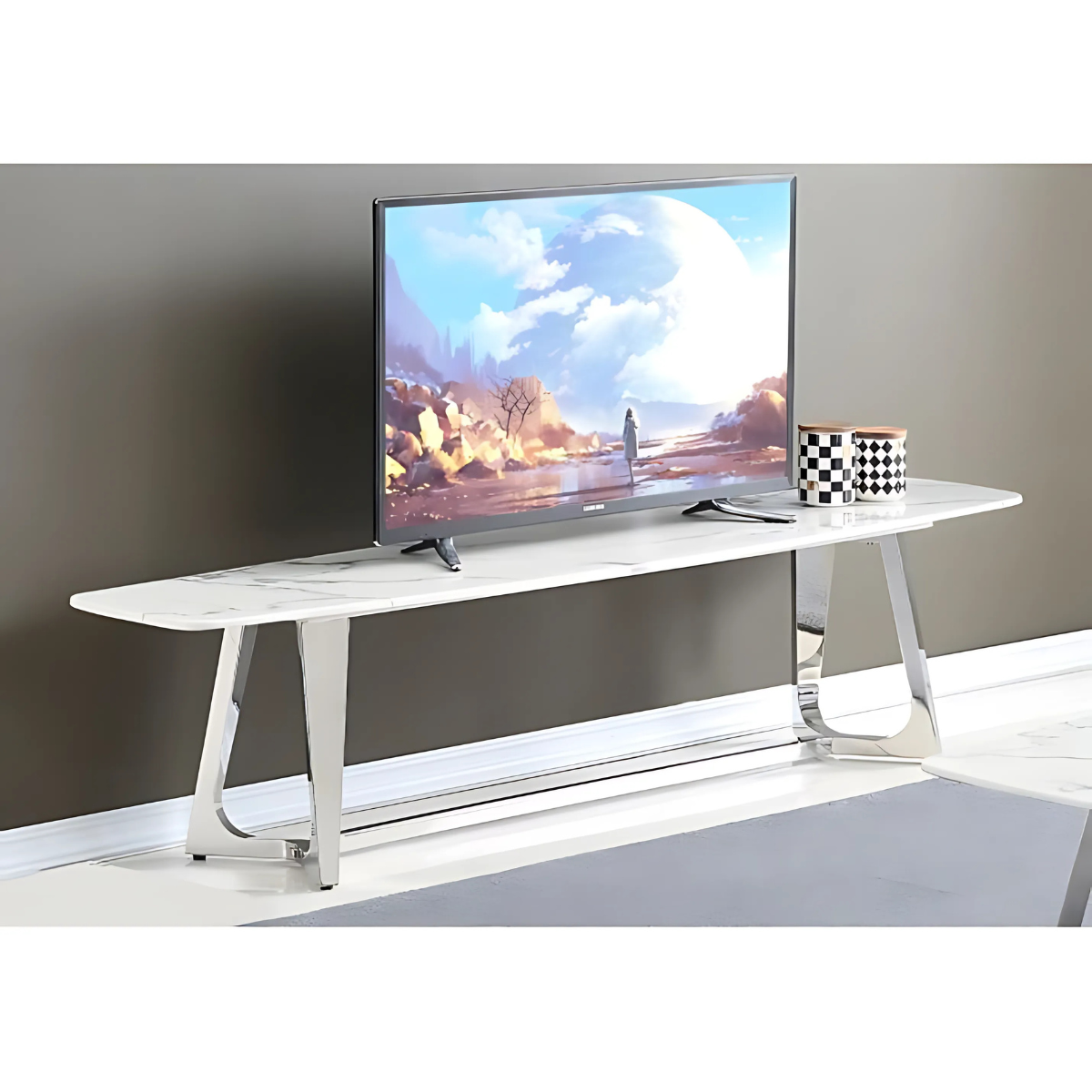 Moderner Rechteckige TV Bank Bari Tischplatte aus Marmoroptik 180 cm Silber