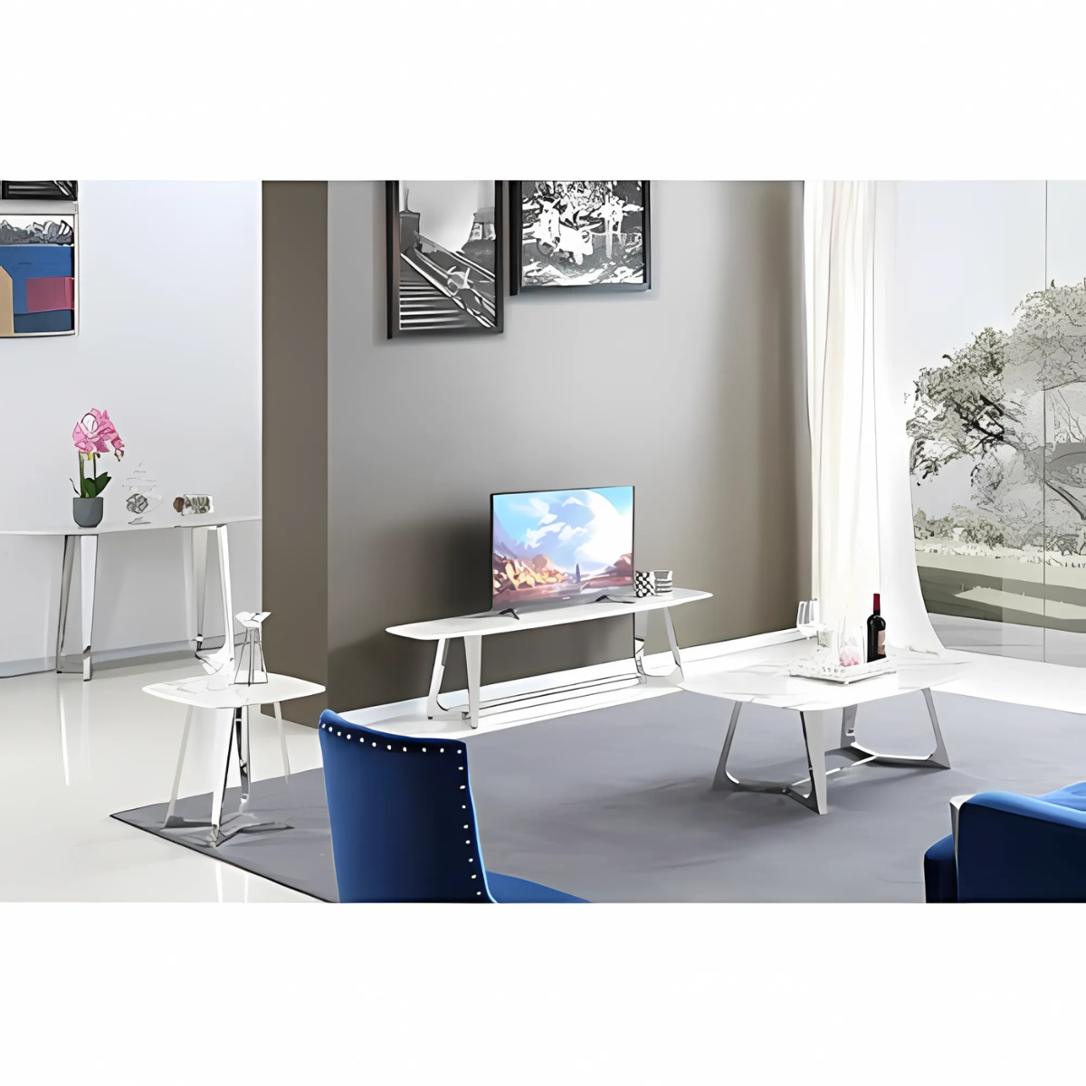 Moderner Rechteckige TV Bank Bari Tischplatte aus Marmoroptik 180 cm Silber