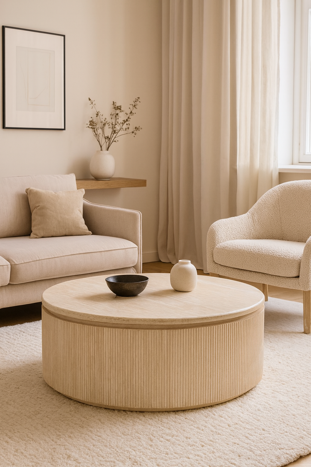 Couchtisch Bondo mit Travertin Tischplatte in edlem Säulenstil Ø100X45 CM beige