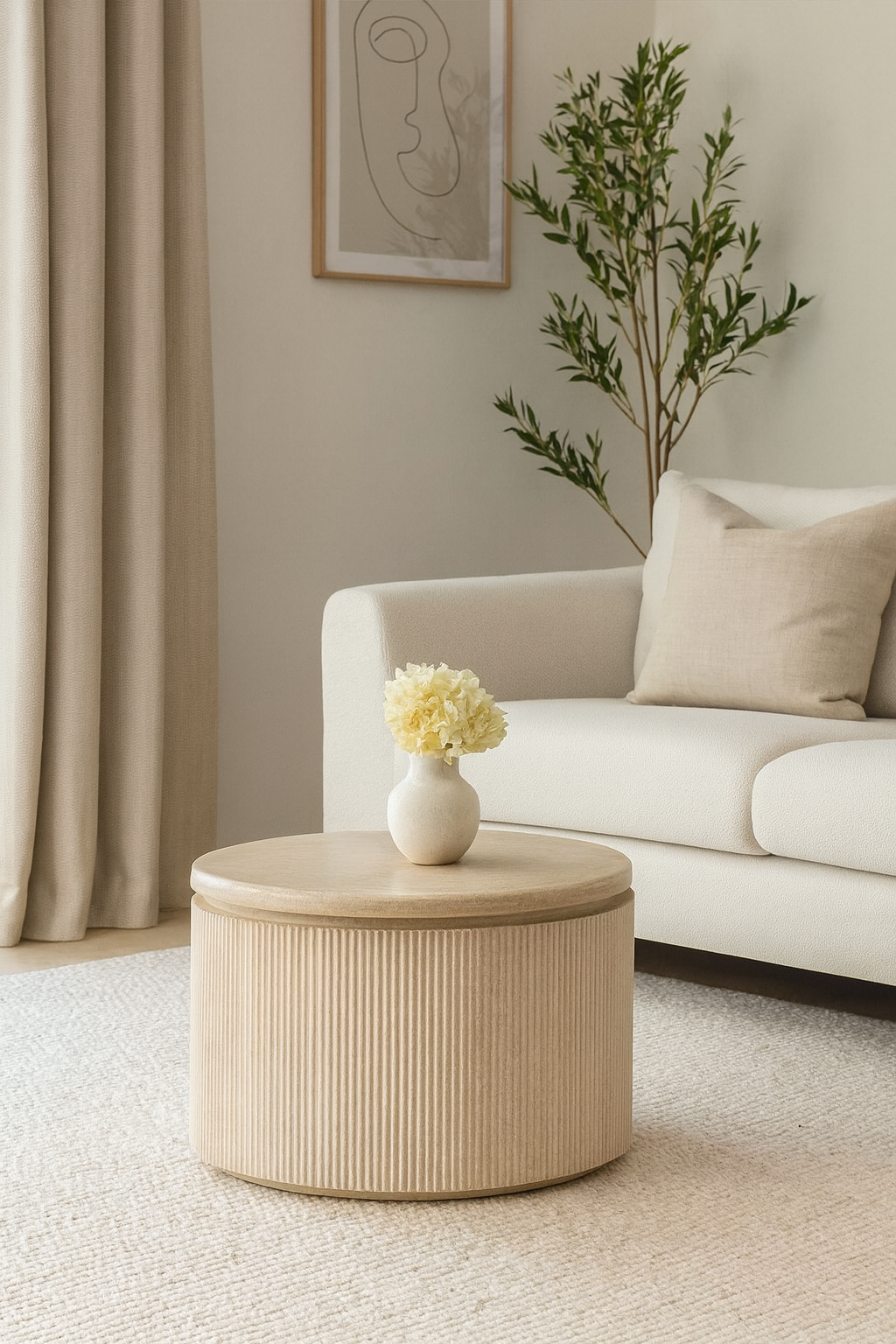 Beistelltisch Bondo mit Travertin Tischplatte in edlem Säulenstil Ø55x55 CM beige