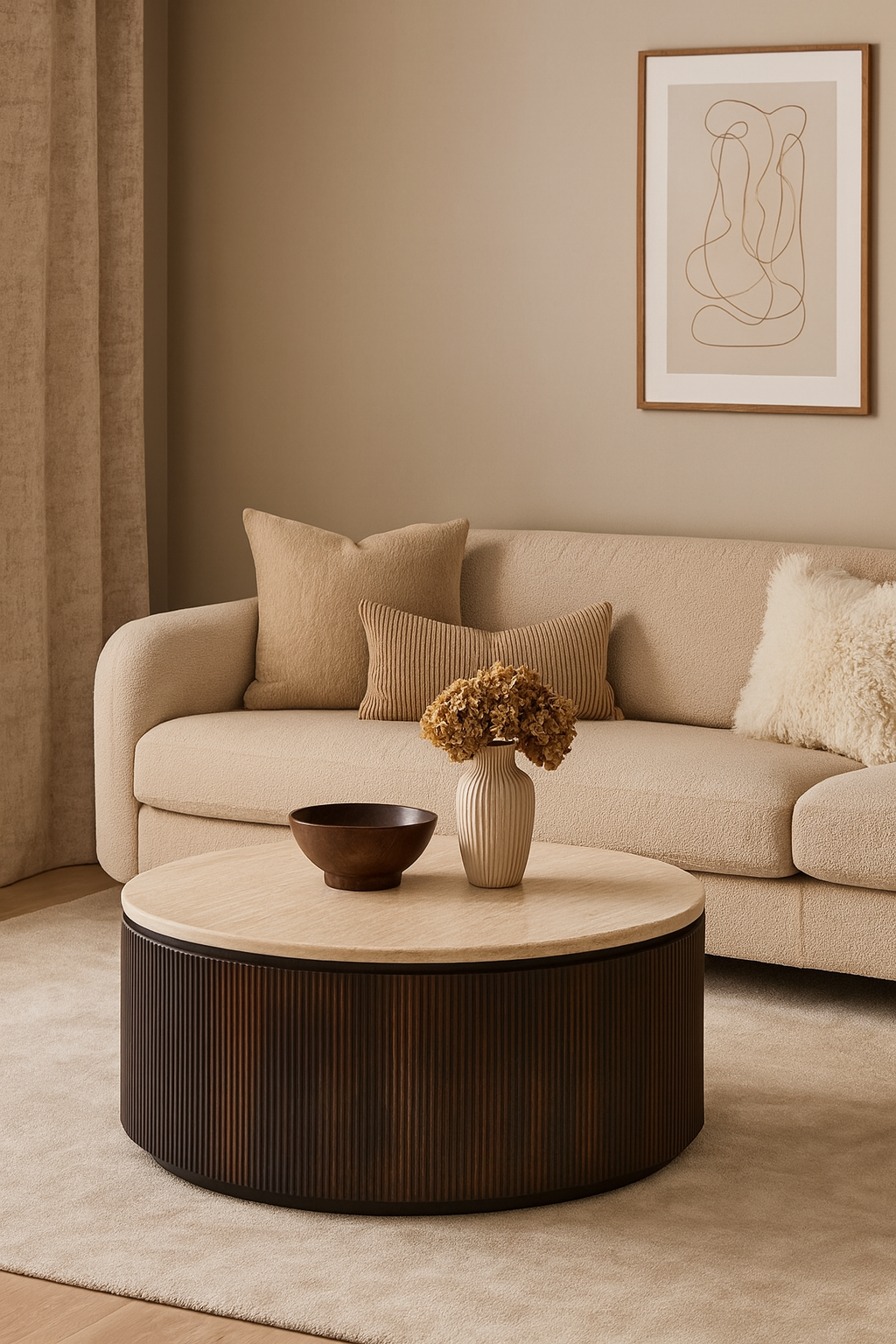 Couchtisch Bondo mit Travertin Tischplatte in edlem Säulenstil Ø100X45 CM braun