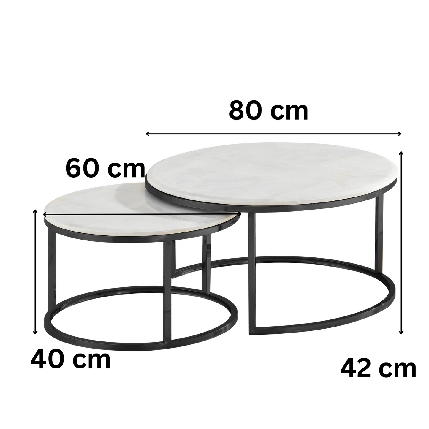 Couchtisch 2er Set mit Marmorplatte in weiß und schwarzen Edelstahlbeinen