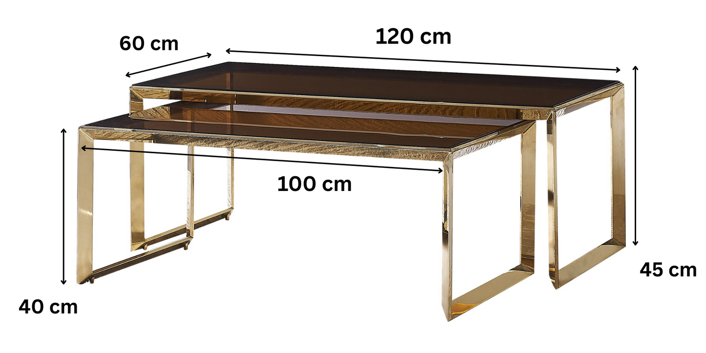 Couchtisch 2er Set aus braunem gehärtetem Glas mit vergoldenden Edelstahlbeinen