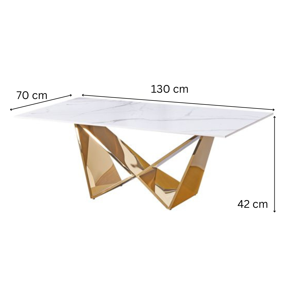 Design-Couchtisch CENTO Rechteckiger Wohnzimmertisch in Marmor-Optik mit geometrischem Edelstahl-Gestell (130 x 70 cm) Gold