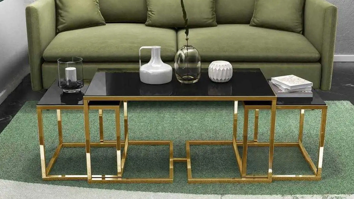 Melissa Gold Couchtisch Beistelltisch Set schwarzes Glas 3 teilig
