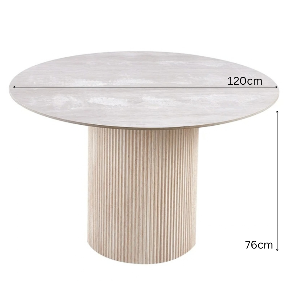 Esstisch LUNAR Runder Tisch mit geriffeltem Säulenfuß in Holzoptik und Tischplatte in Steinoptik 120 x 76 cm